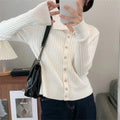 Polo collar solid color cardigan sweater for women