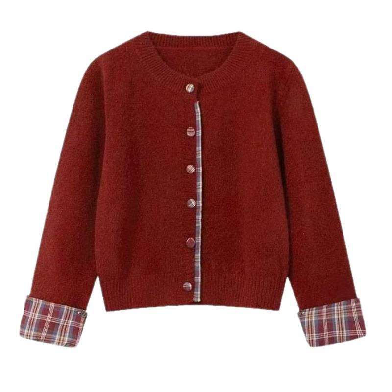Faux Two-Piece Korean-Style Round Neck Patchwork Checkered Knit Sweater Long Sleeve