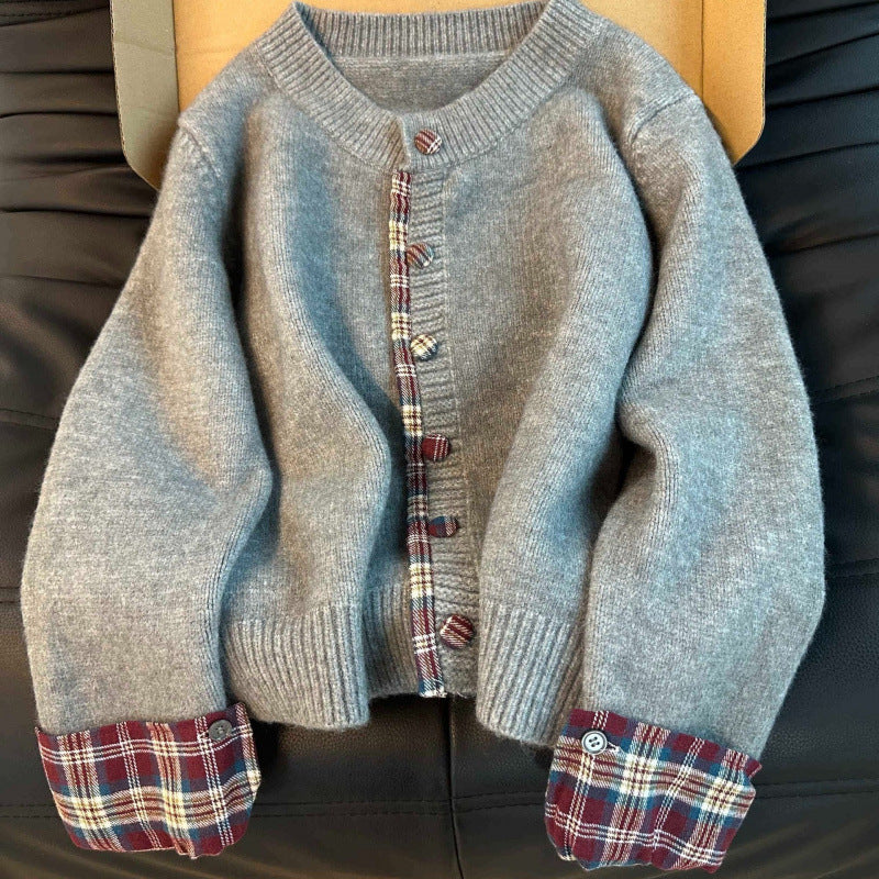 Faux Two-Piece Korean-Style Round Neck Patchwork Checkered Knit Sweater Long Sleeve