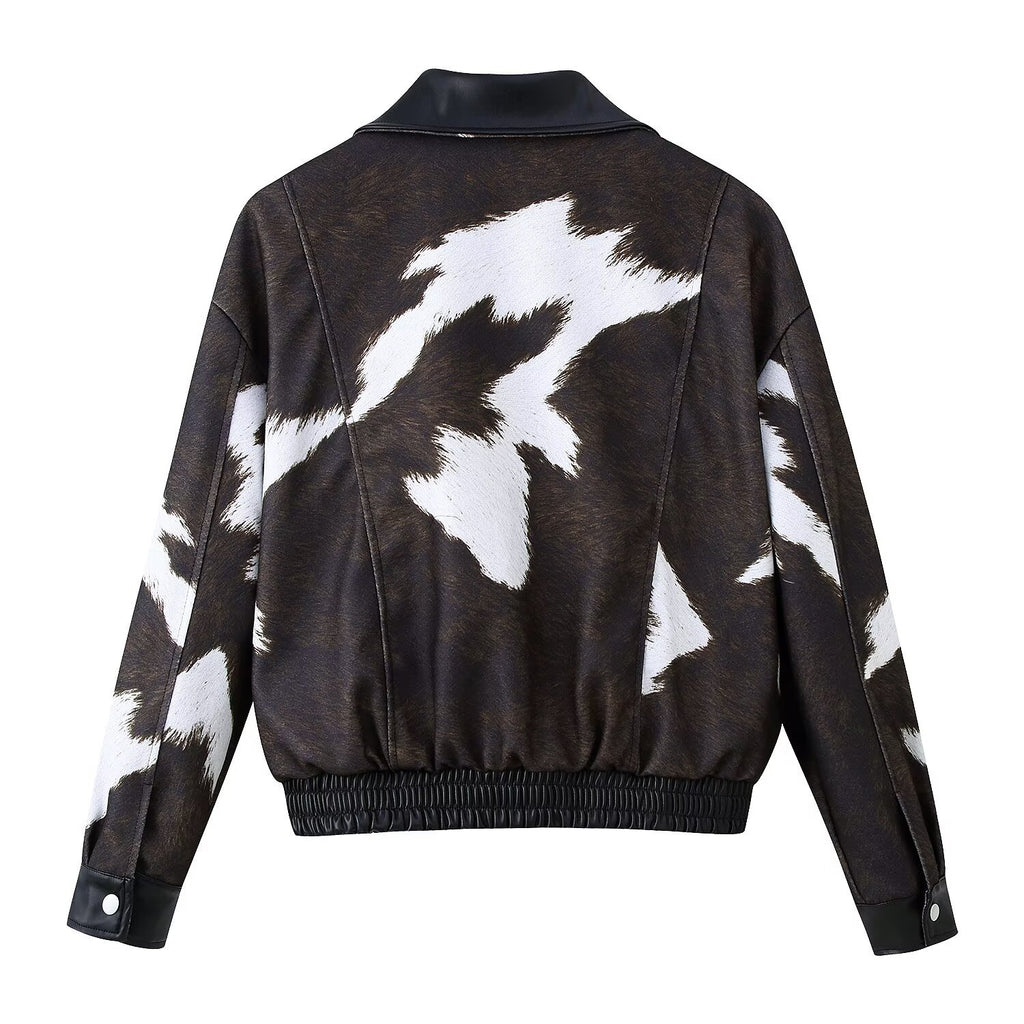 Printed leather jacket short jacket outside