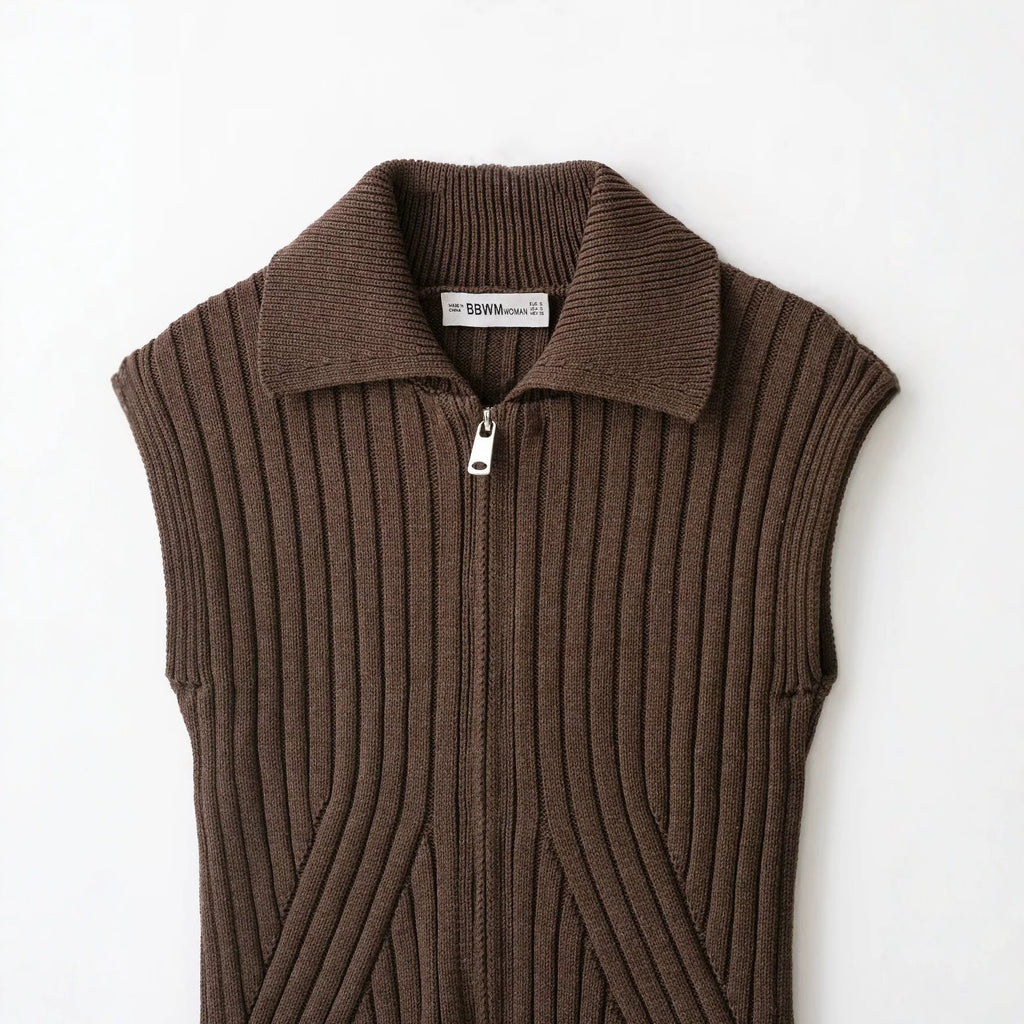 Half zip thread sleeveless knitted sweater vest for women
