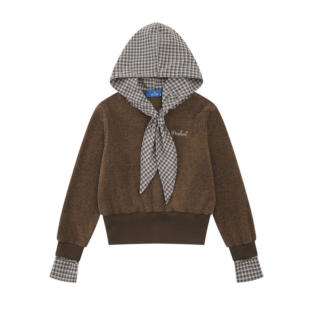 Plaid Patchwork Cropped Long Sleeve Hooded Drawstring Fake Two-Piece Pullover Top
