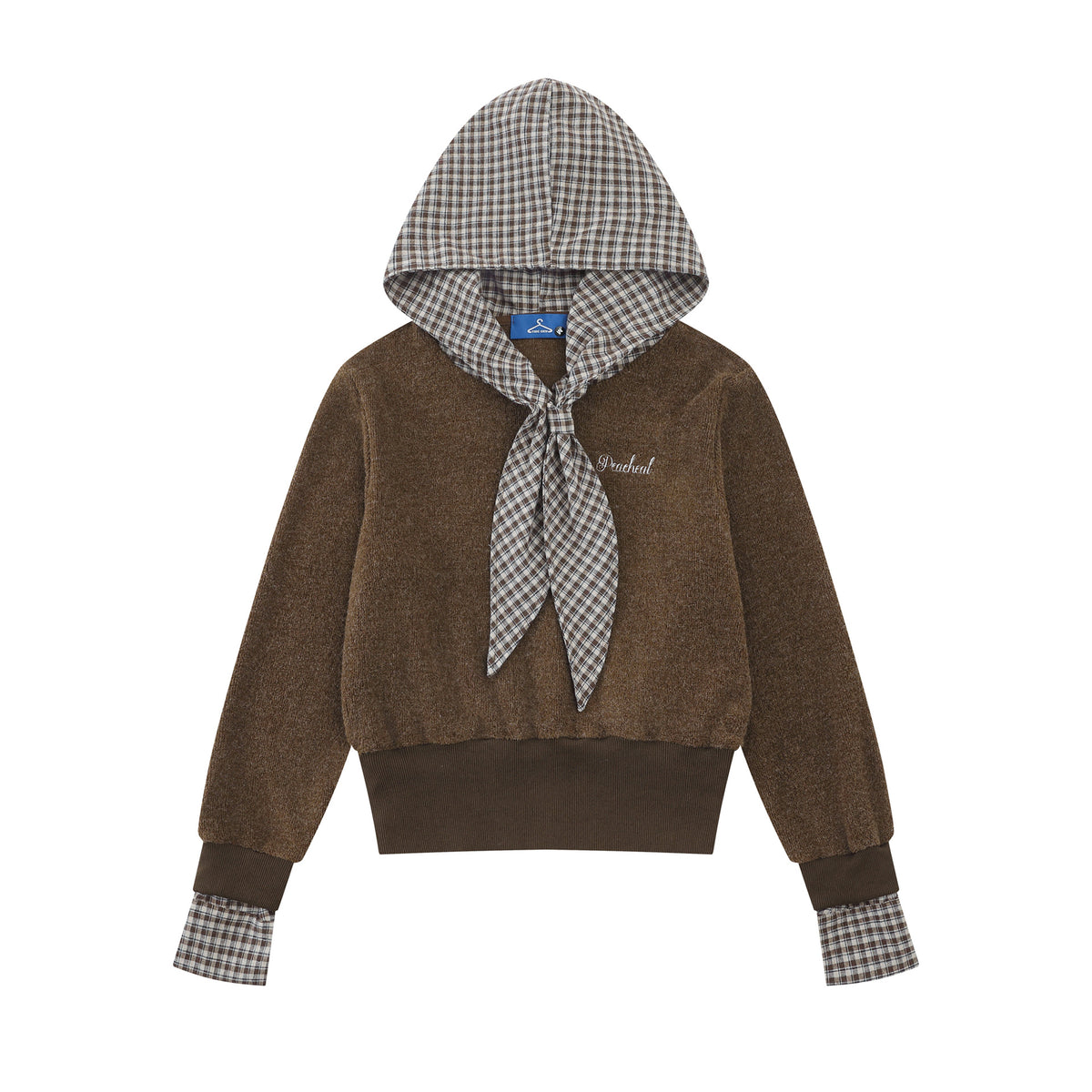 Plaid Patchwork Cropped Long Sleeve Hooded Drawstring Fake Two-Piece Pullover Top