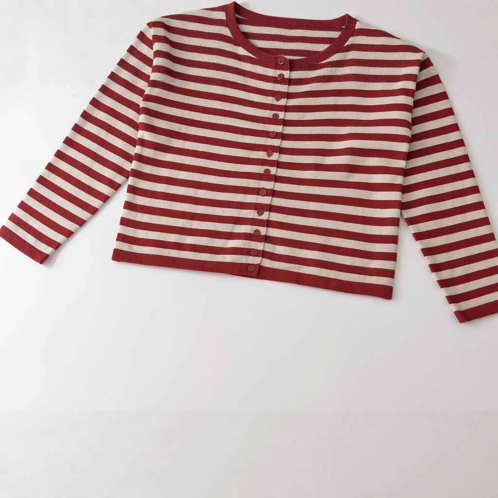 Button up stand up collar long sleeved striped knitted sweater for women