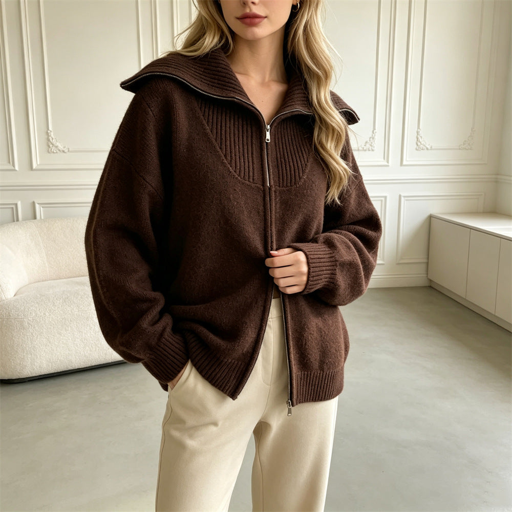 Double zipper lapel sweater
