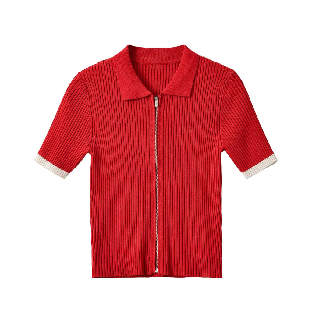 Zipper lapel contrasting cuffs knit sweater for women