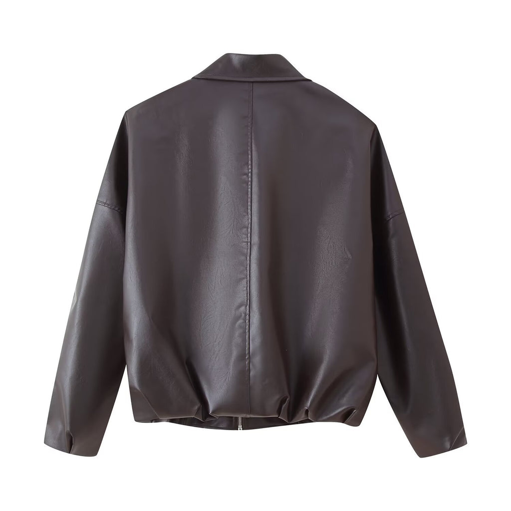 Leather jacket waist belt long sleeved jacket