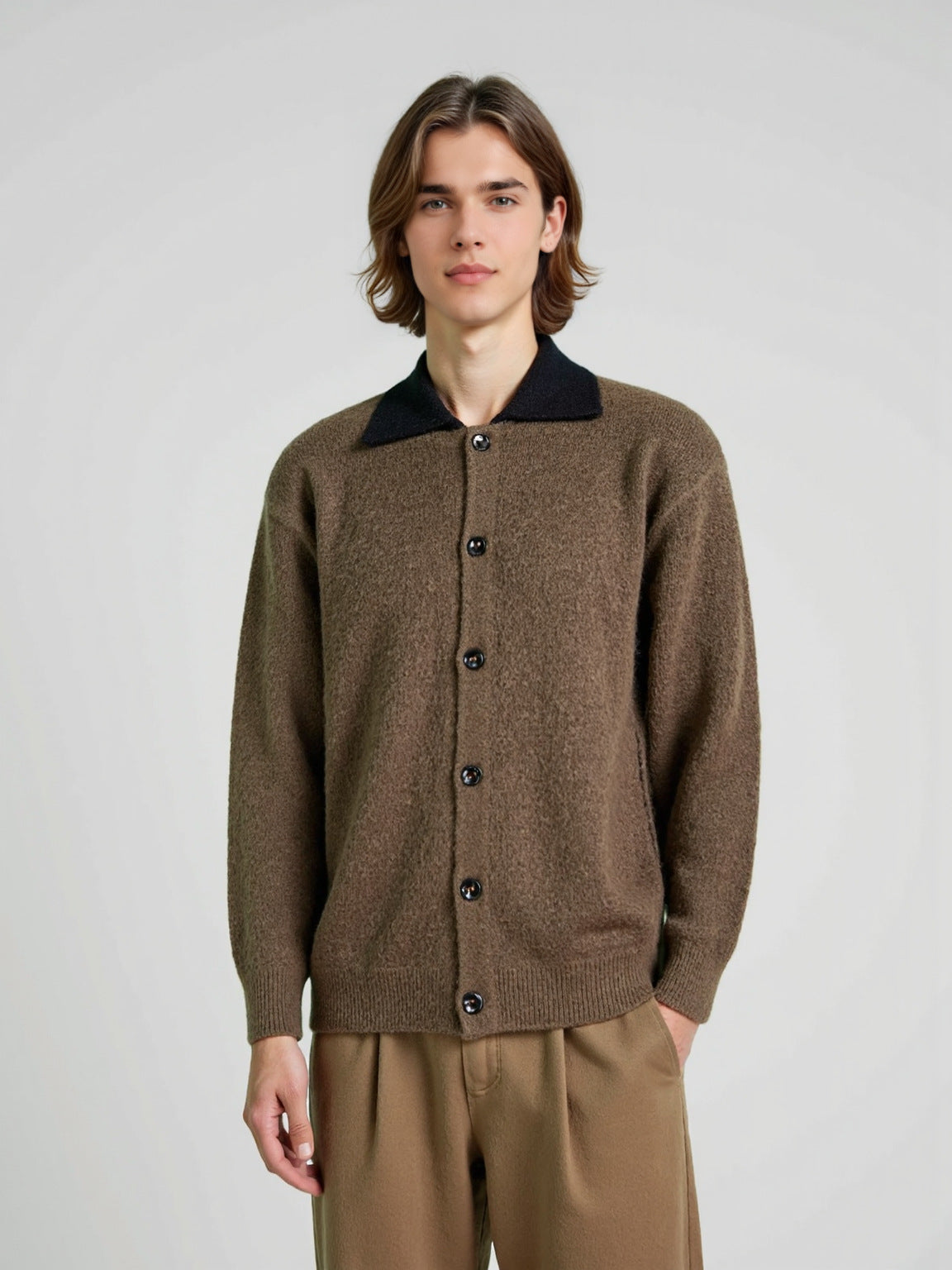Flip collar contrasting cardigan sweater