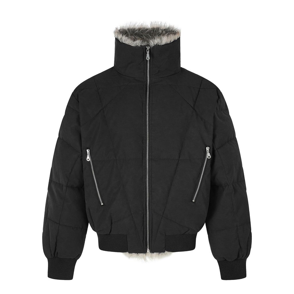 Diamond Quilted PU Leather Stand Collar Cropped Unisex Winter Jacket