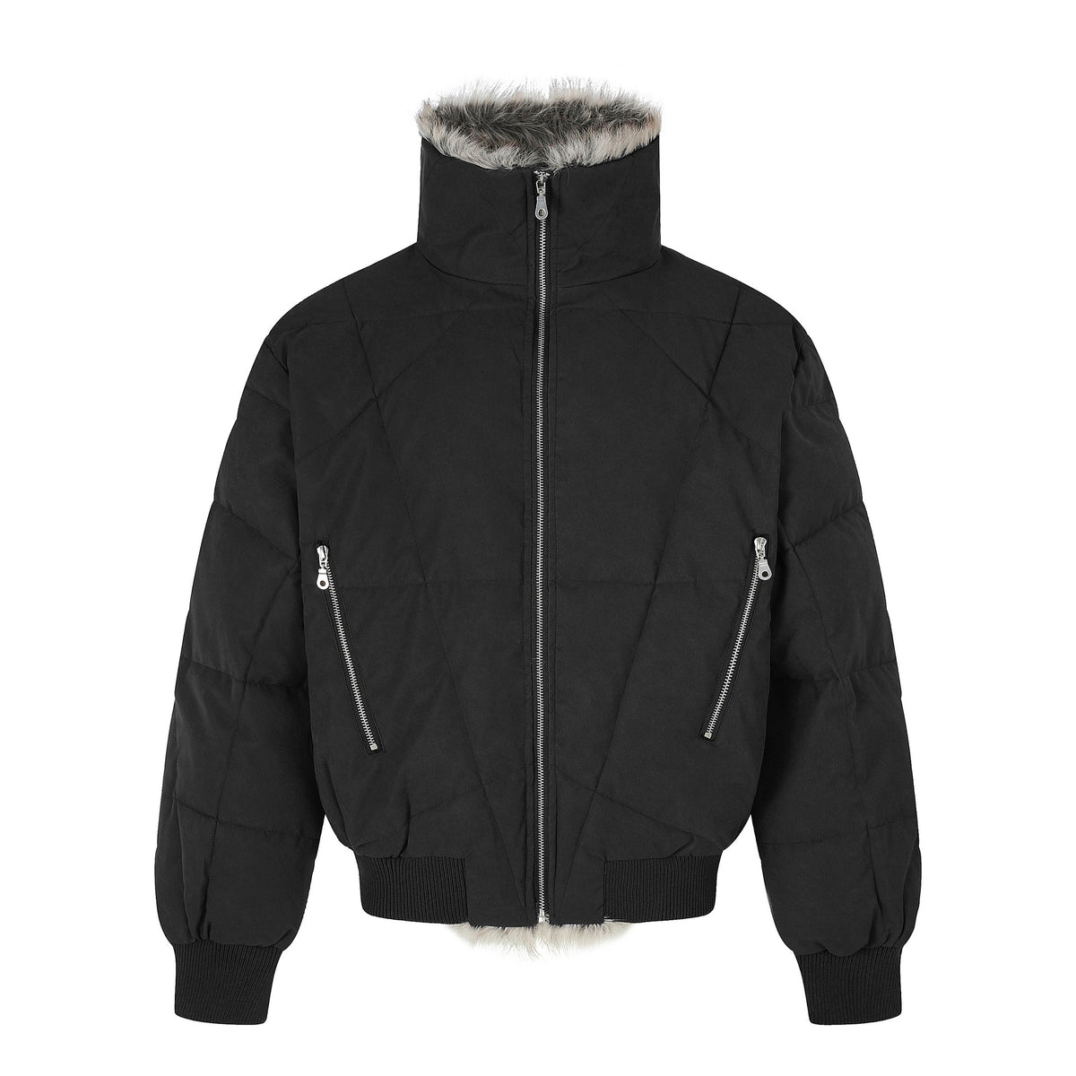 Diamond Quilted PU Leather Stand Collar Cropped Unisex Winter Jacket