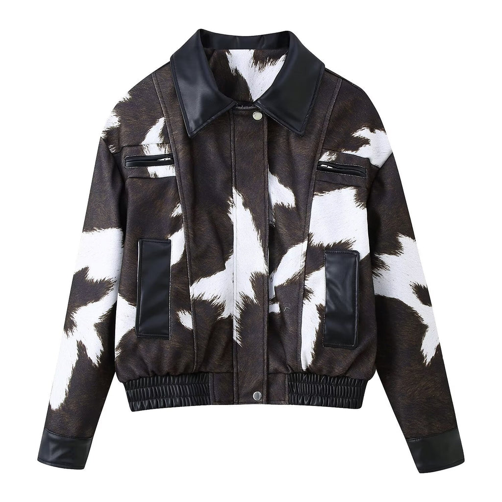 Printed leather jacket short jacket outside