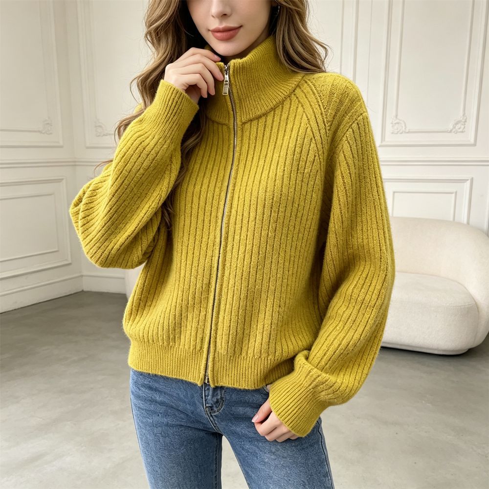 Stand up collar double zipper sweater for women