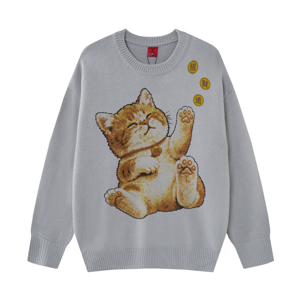 Cartoon cat printed round neck sweater