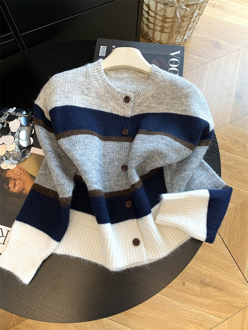 Women's Vintage Color-Block Striped Knit Cardigan Relaxed Fit Sweater Top