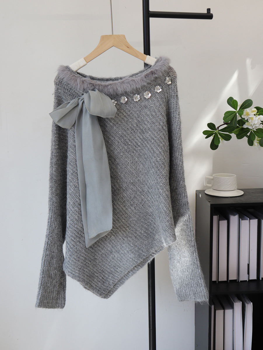Wind spliced fur collar sequin bow sweater pullover for women
