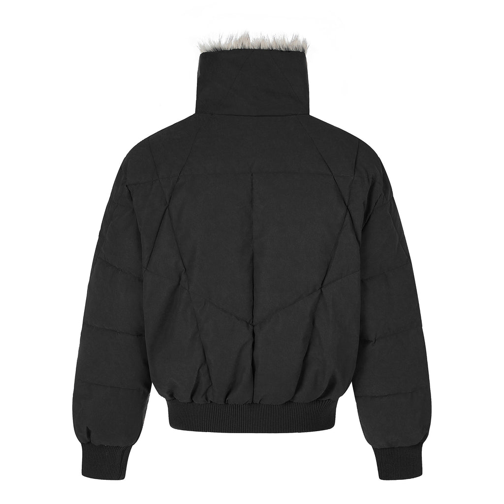 Diamond Quilted PU Leather Stand Collar Cropped Unisex Winter Jacket