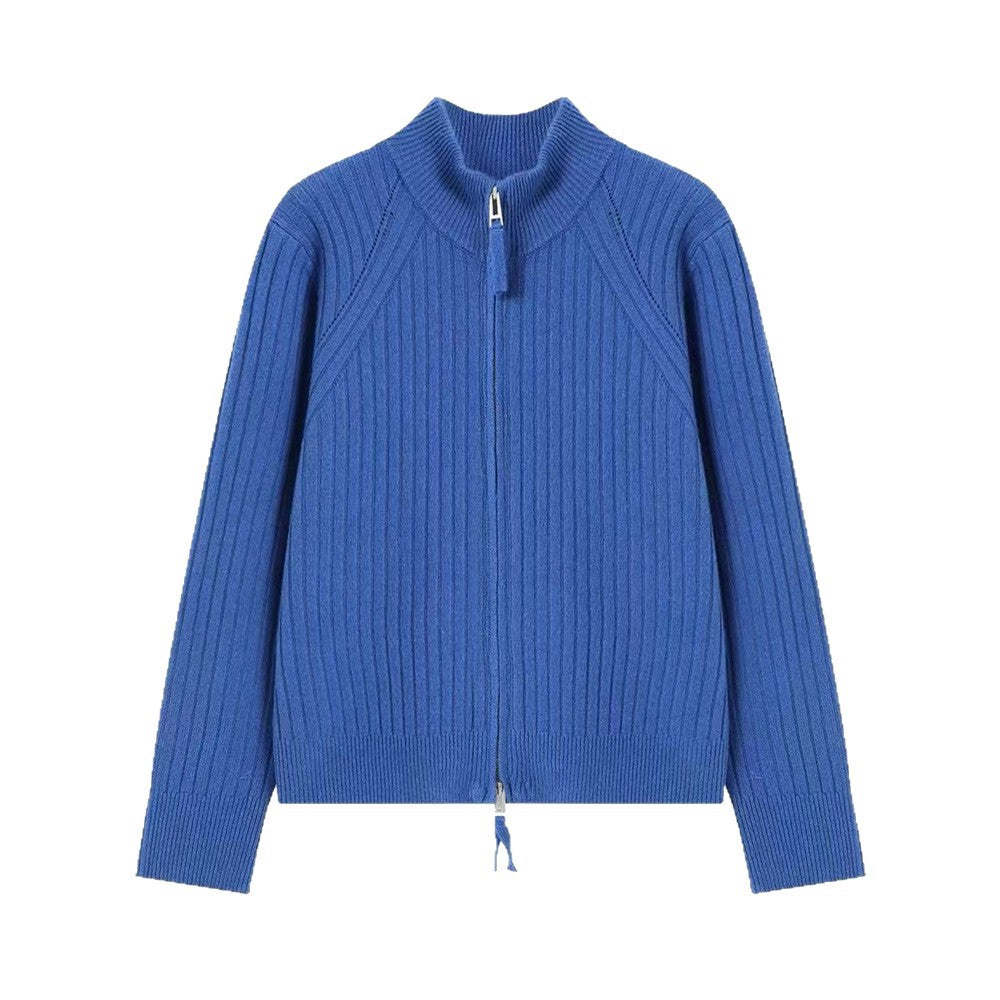 Stand up collar double zipper sweater for women