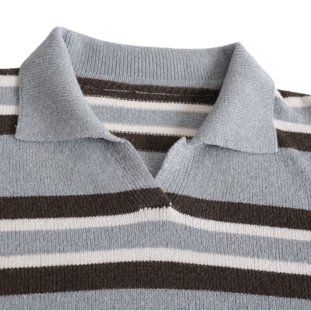 Women's Color-Block Stripe Polo Collar Loose Knit Sweater