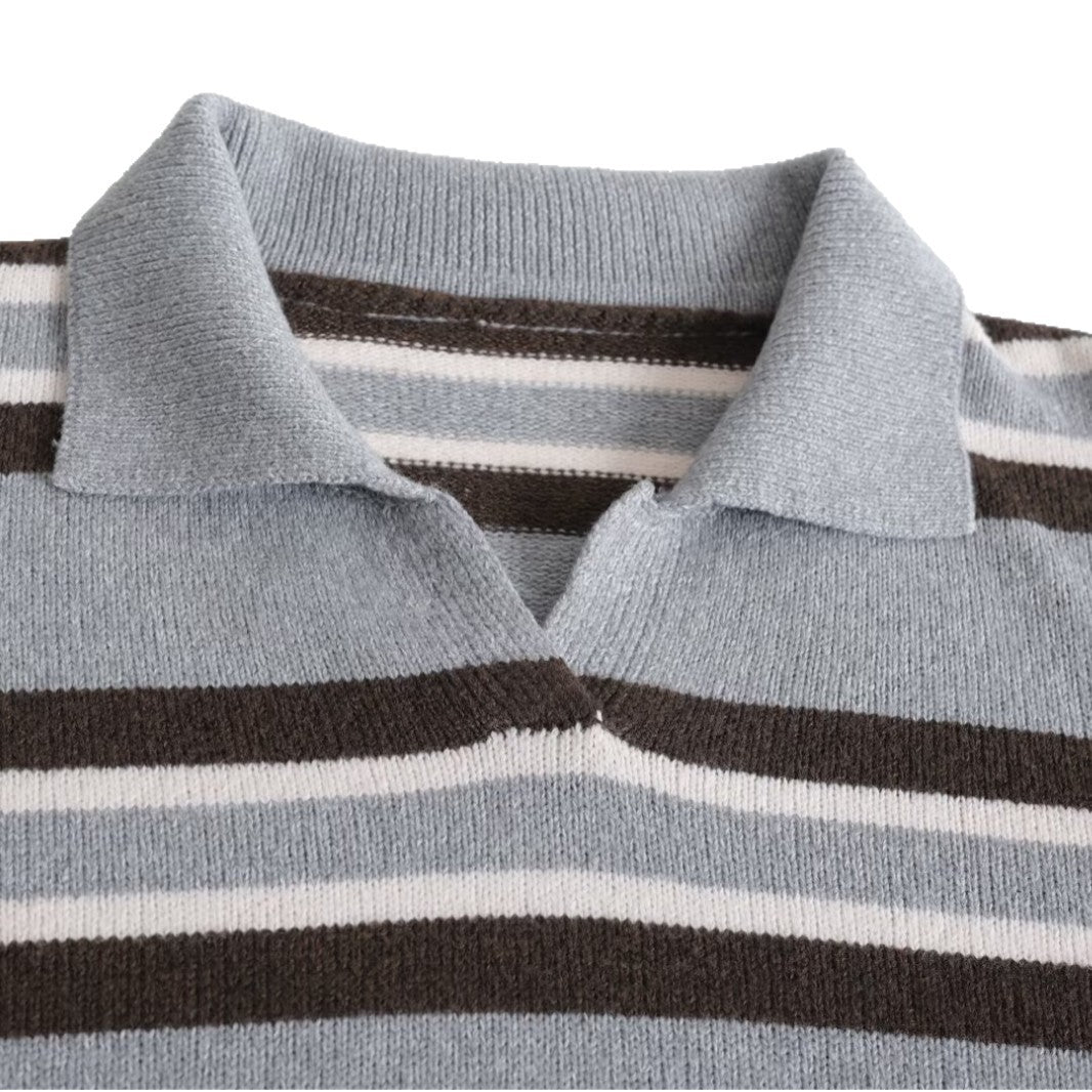 Women's Color-Block Stripe Polo Collar Loose Knit Sweater