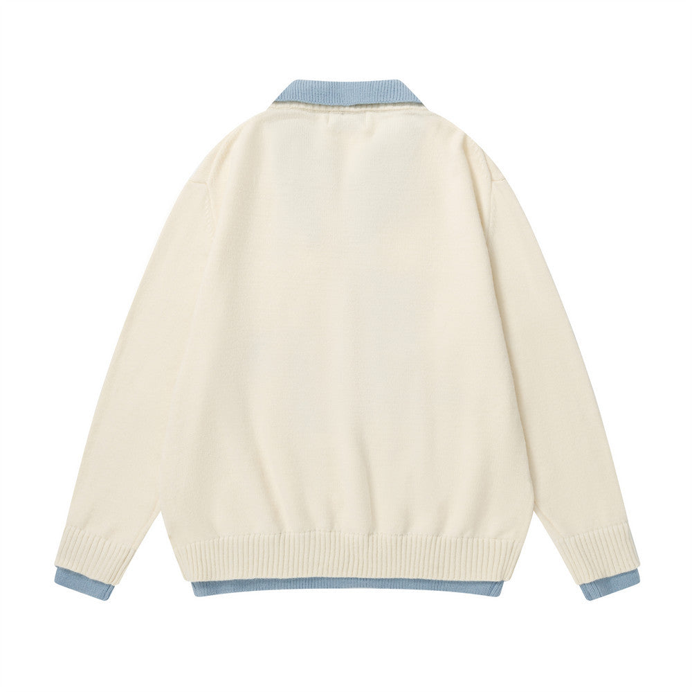 Cartoon Embroidery Fake Two Piece Color blocked Collar Sweater