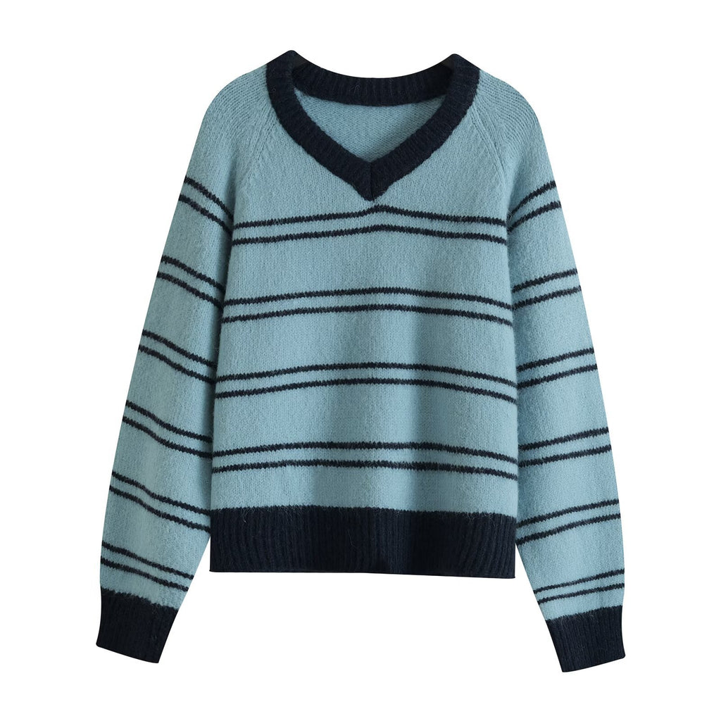Relaxed Fit Drop Shoulder Color Block Stripe Long Sleeve V-Neck Pullover Sweater