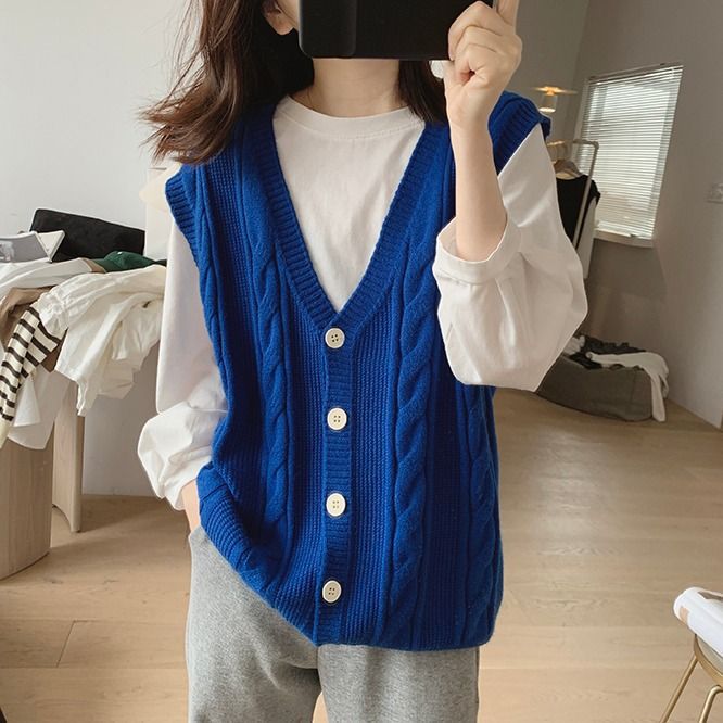 Cable Knit Sleeveless V-Neck Single-Breasted Cardigan Vest, Loose Fit Sweater Vest for Layering