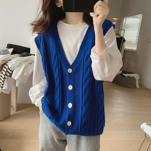 Cable Knit Sleeveless V-Neck Single-Breasted Cardigan Vest, Loose Fit Sweater Vest for Layering