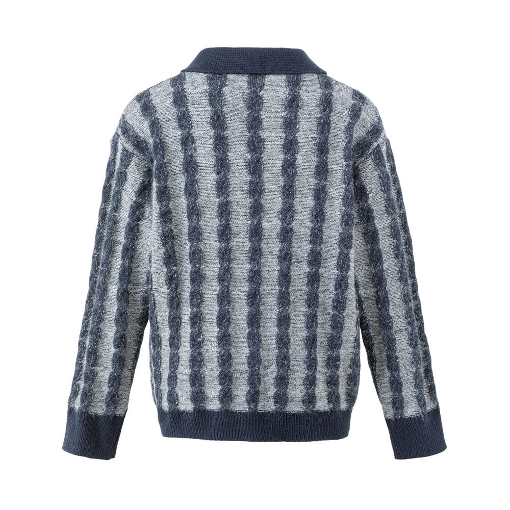 Color blocking vertical stripe jacquard long sleeved polo shirt sweater