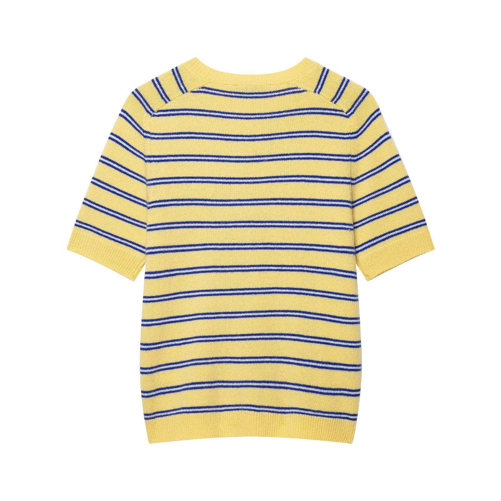 Short sleeved round neck striped knitted sweater for women