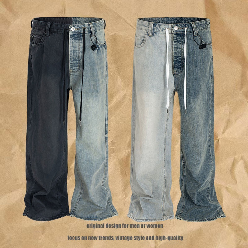 Straight Jeans Asymmetric Color Block Vintage Wide Leg Jeans Men