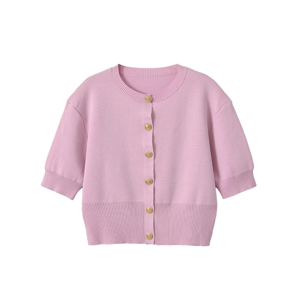 Short sleeved round neck knitted sweater with shoulder pads for women
