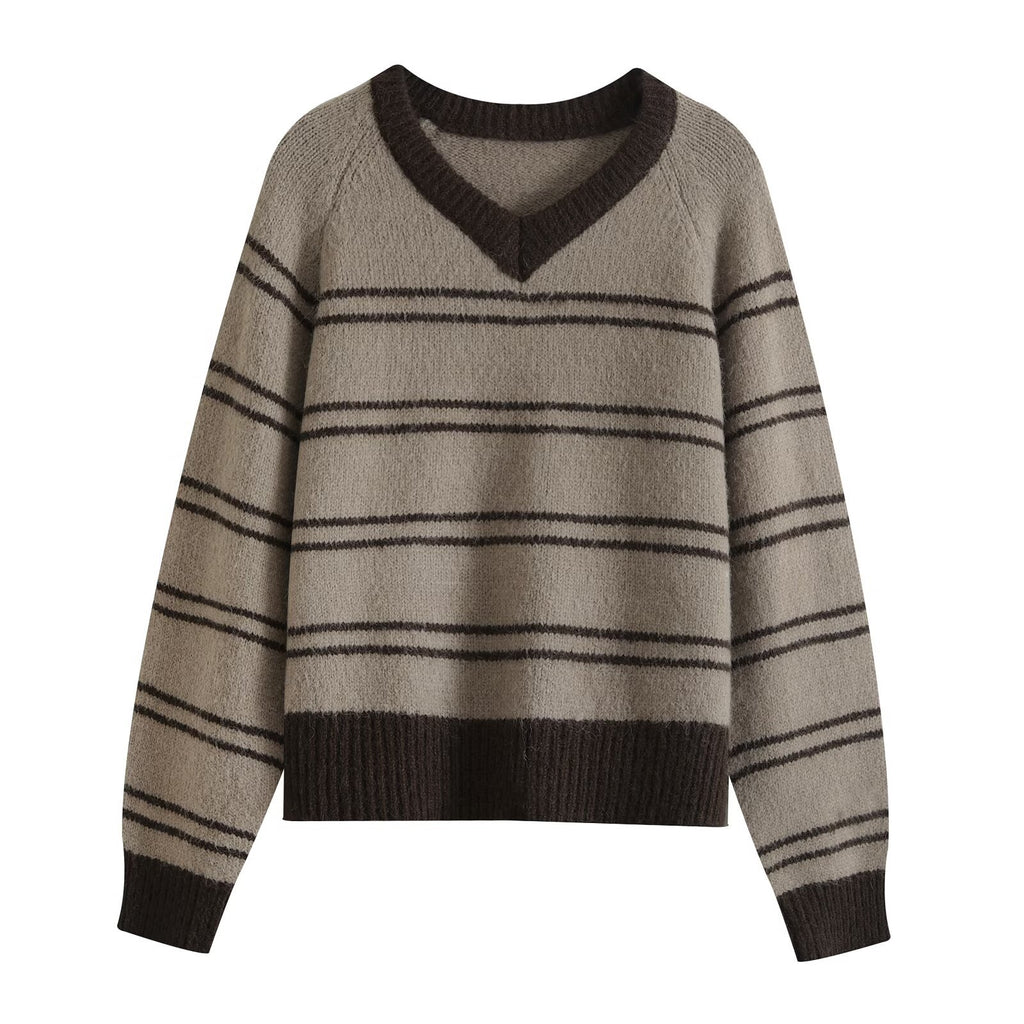 Relaxed Fit Drop Shoulder Color Block Stripe Long Sleeve V-Neck Pullover Sweater