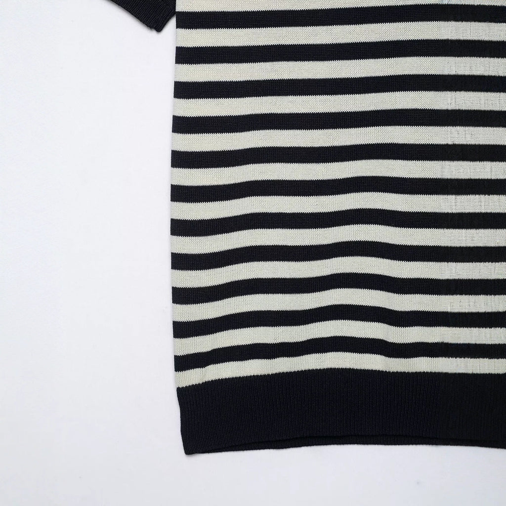 Casual slim fit lapel short sleeved striped knitted sweater for women