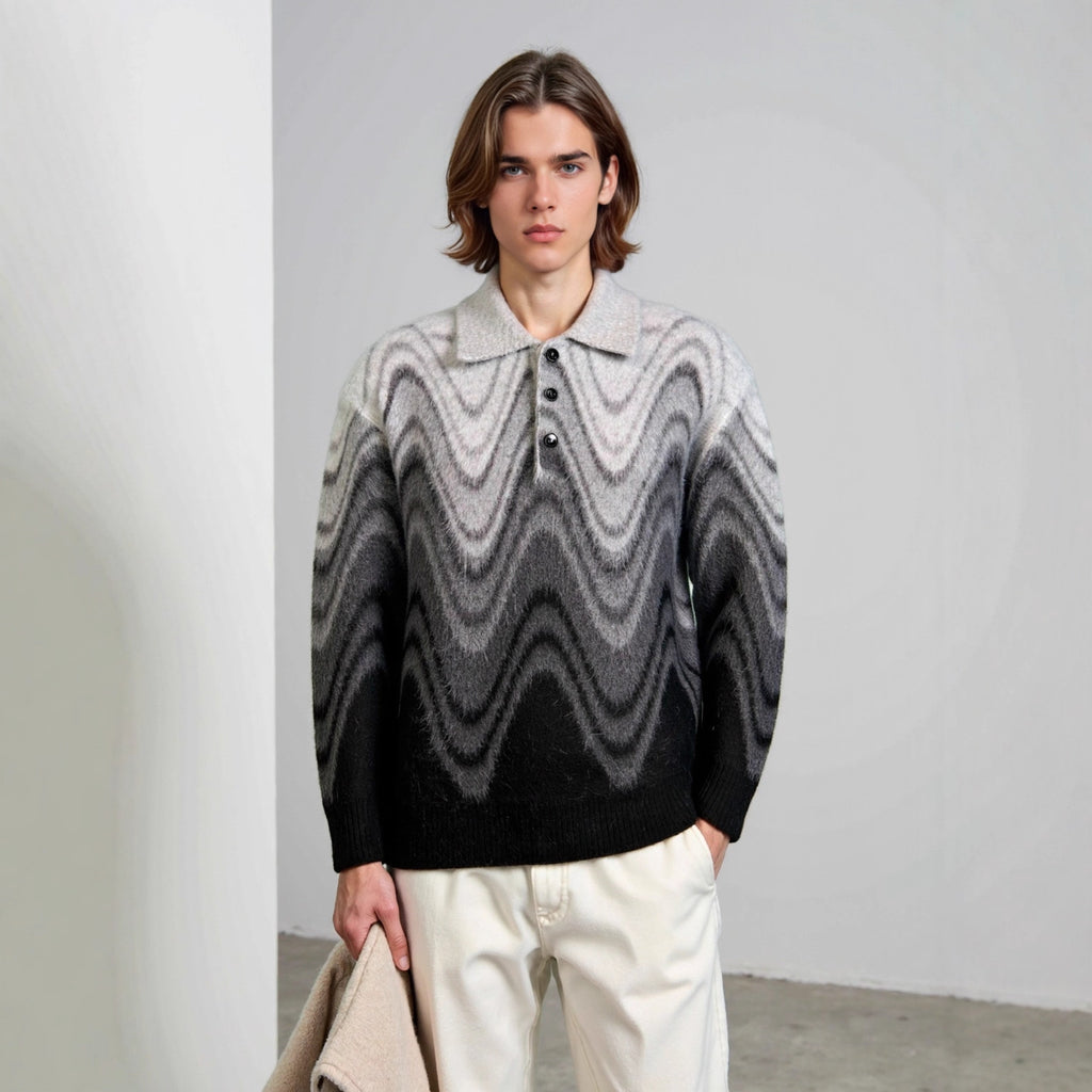 Wave patterned contrasting long sleeved sweater