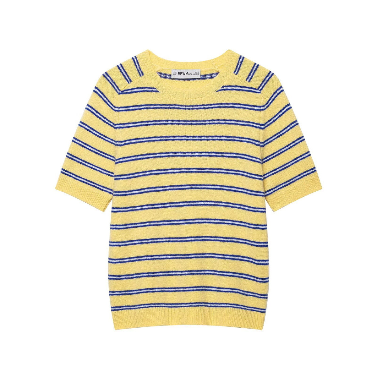 Short sleeved round neck striped knitted sweater for women