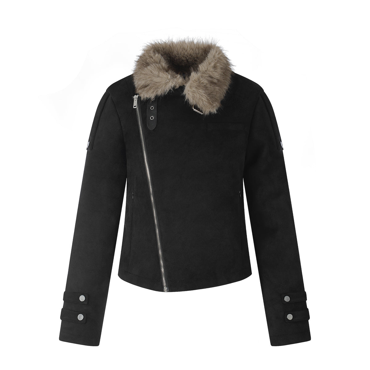 Casual Suede Jacket with Diagonal Zipper and Plush Collar, Cropped Fleece-Lined Biker Coat