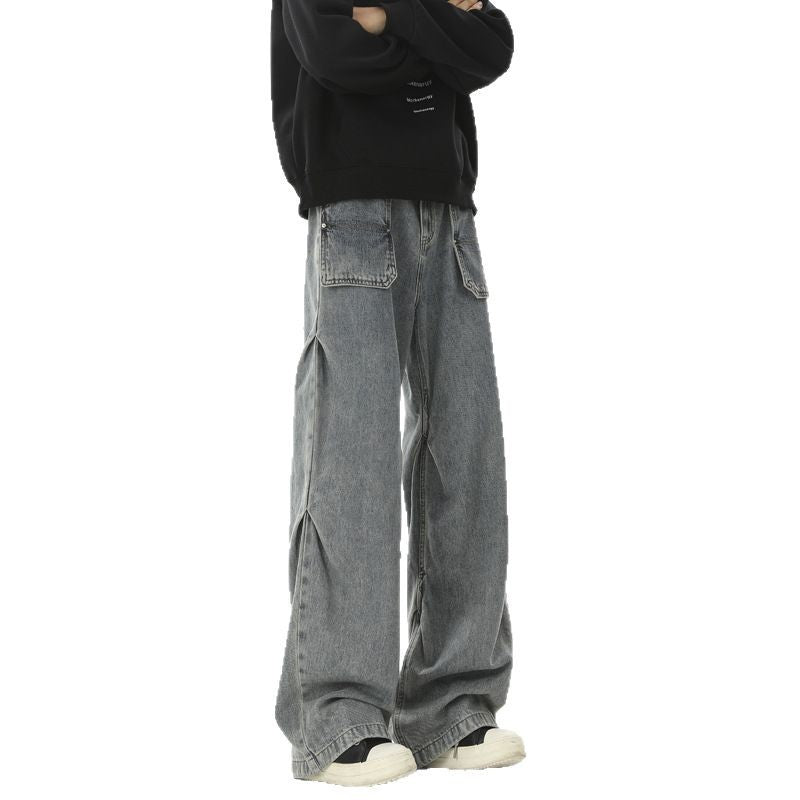 Retro pleated washed denim jeans for men