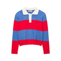 Loose striped shoulder pad contrasting POLO collar knitted sweater for women