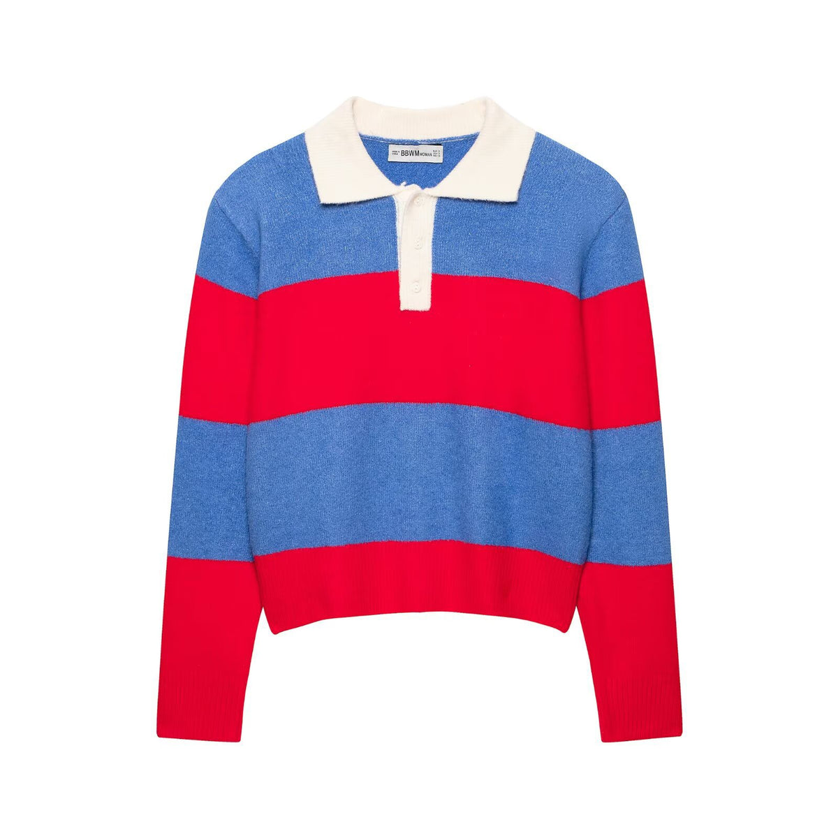 Loose striped shoulder pad contrasting POLO collar knitted sweater for women
