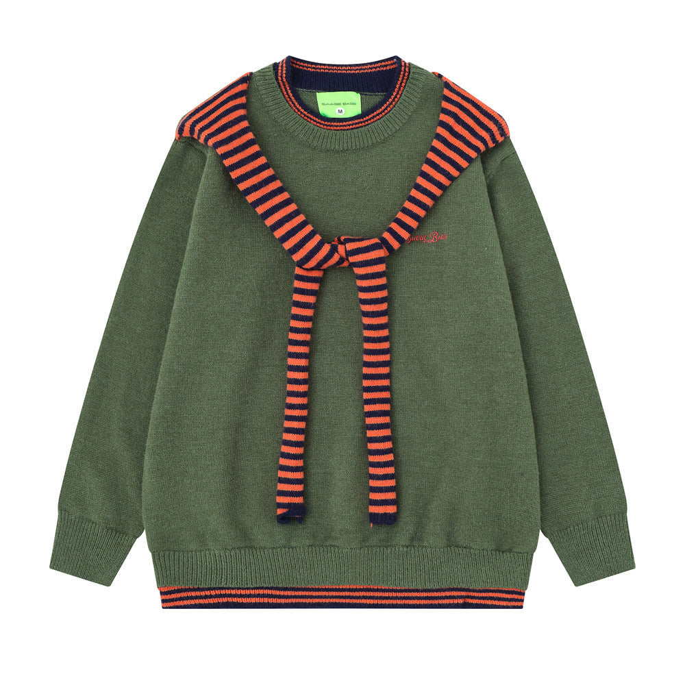 Fake two striped patchwork shawl round neck sweater