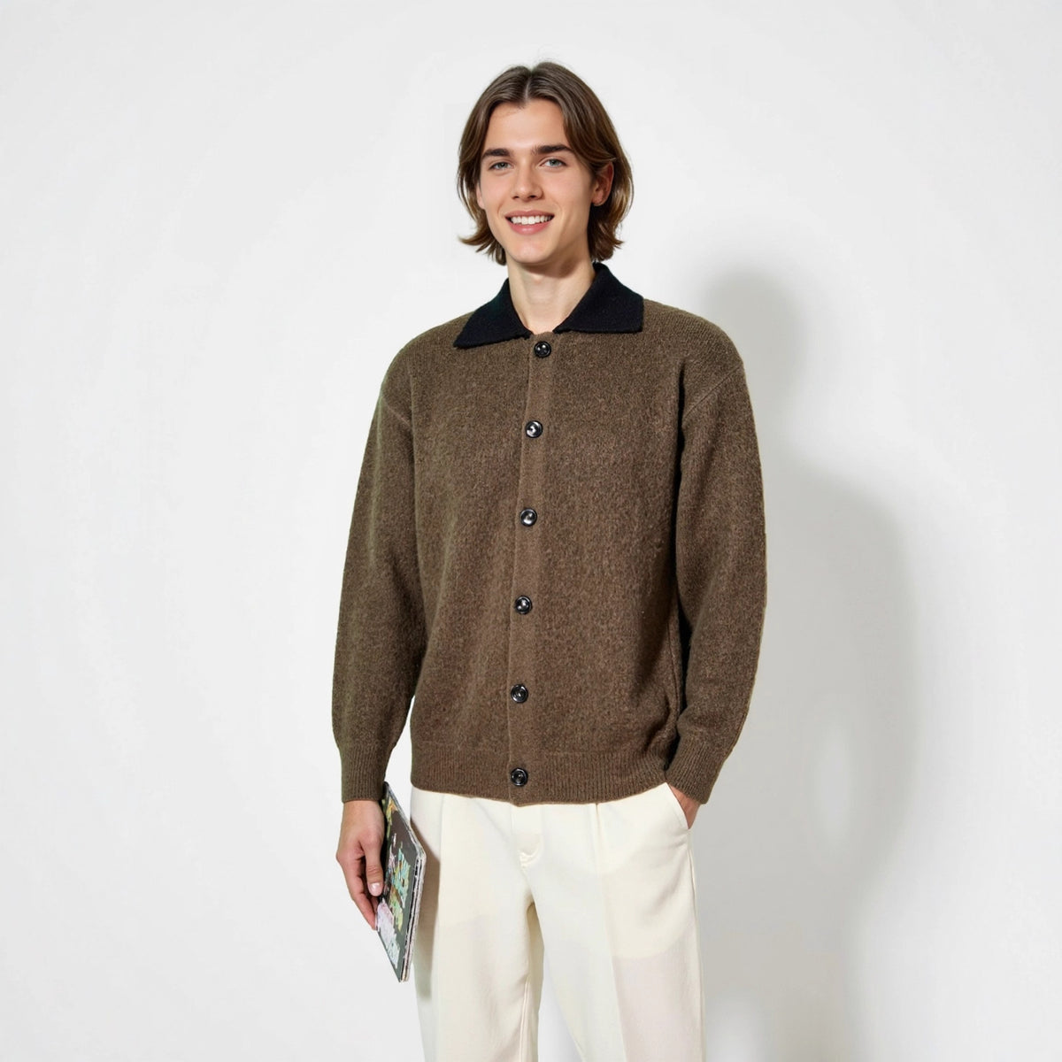 Flip collar contrasting cardigan sweater