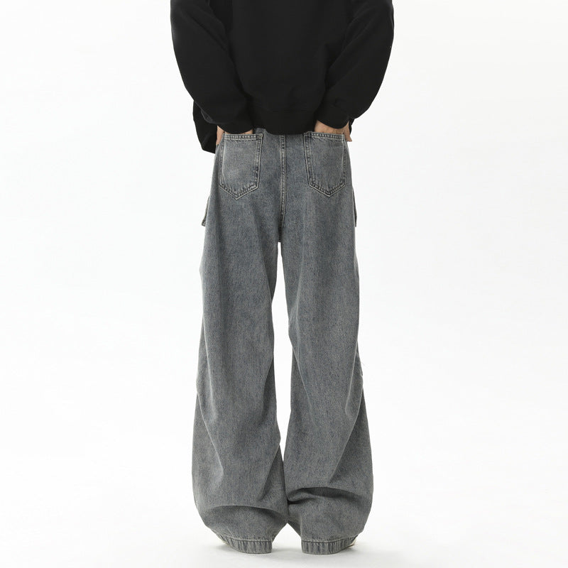 Retro pleated washed denim jeans for men