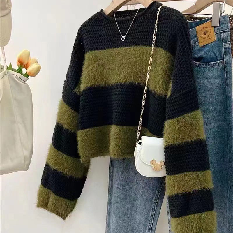 Color Block Striped Knit Pullover Sweater for Women, Loose Fit Top
