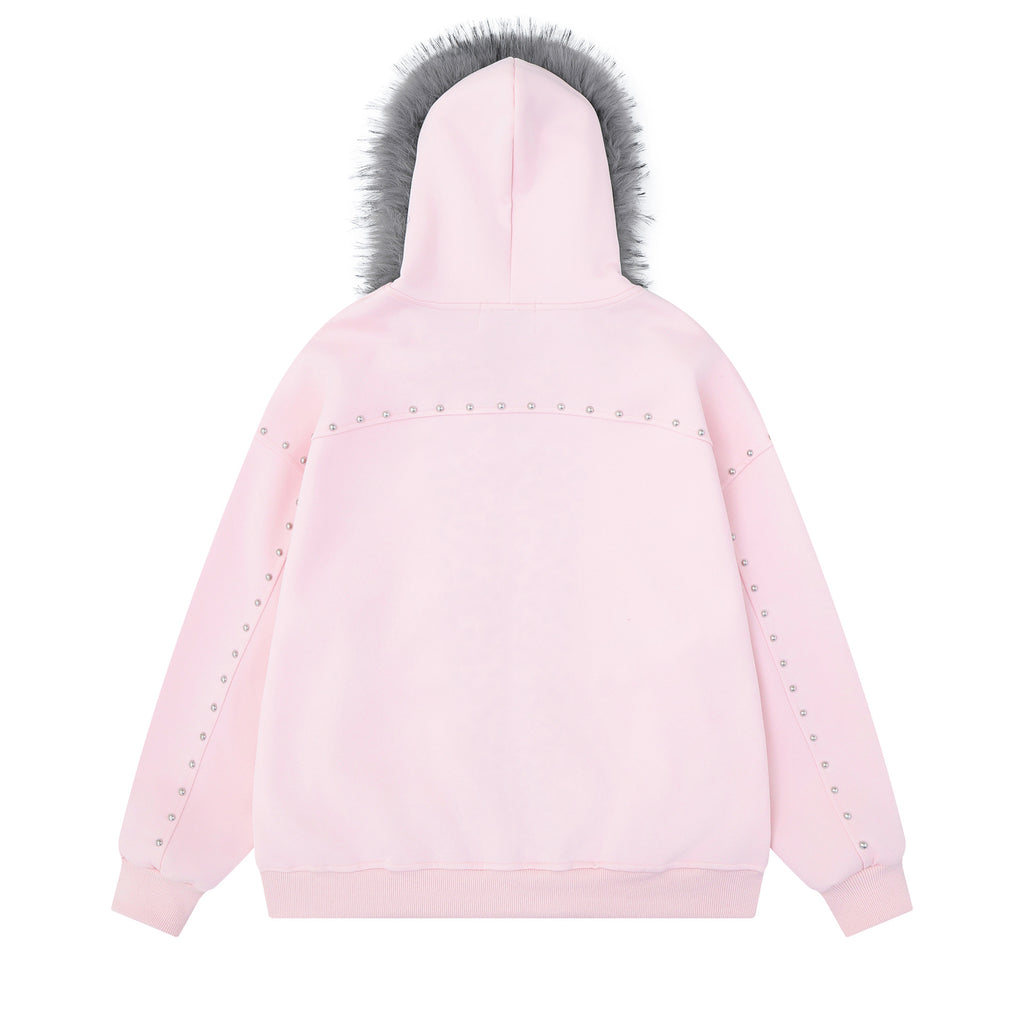 Oversized Hooded Zipper Sweatshirt with Faux Fur Trim, Leopard Print Lining