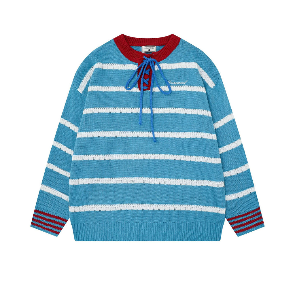 Striped collar tied sweater