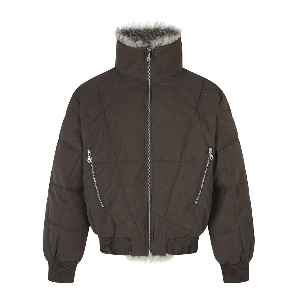 Diamond Quilted PU Leather Stand Collar Cropped Unisex Winter Jacket