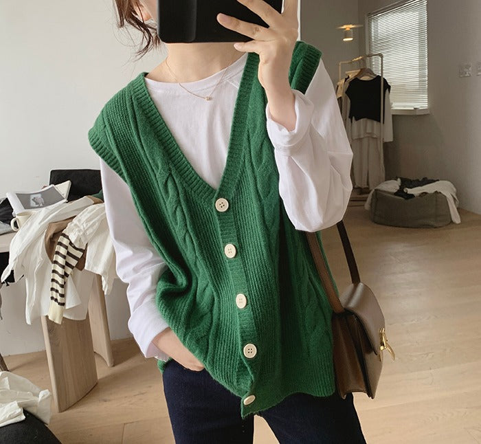 Cable Knit Sleeveless V-Neck Single-Breasted Cardigan Vest, Loose Fit Sweater Vest for Layering