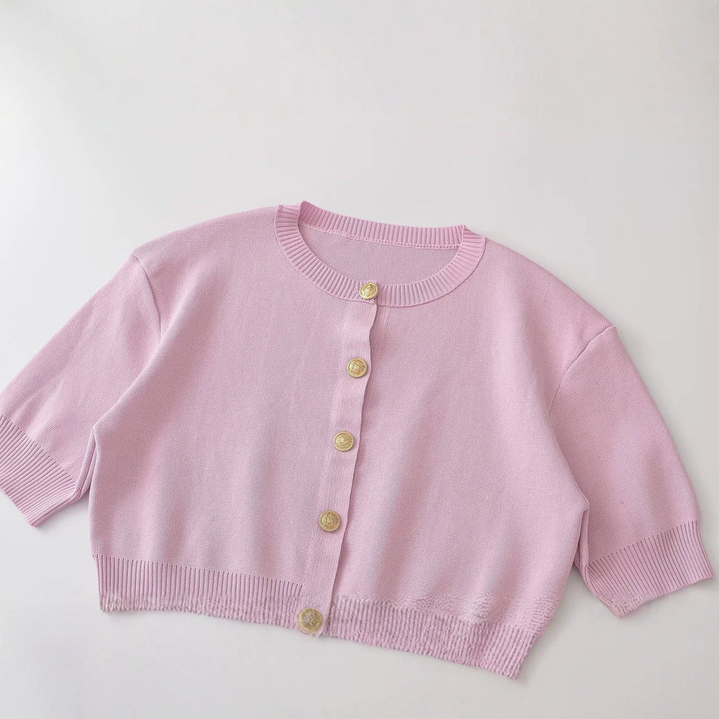 Short sleeved round neck knitted sweater with shoulder pads for women