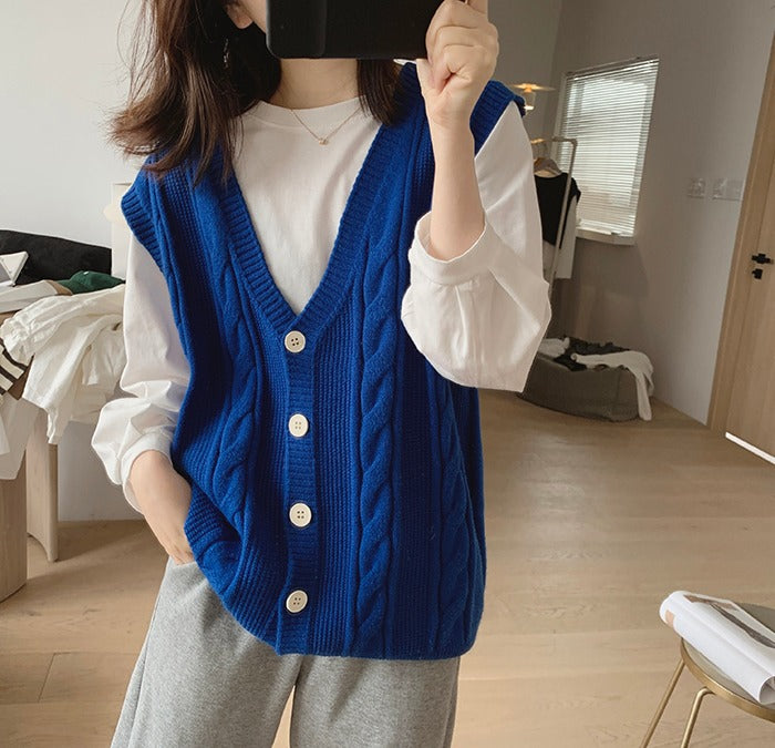 Cable Knit Sleeveless V-Neck Single-Breasted Cardigan Vest, Loose Fit Sweater Vest for Layering