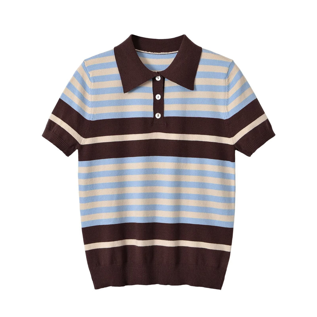 Contrast Color Stripe Pique Short Sleeve Knit Top with Collar